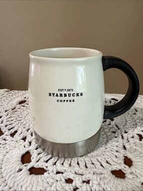 Starbucks 2007 White Mug with Black Handle and Silver Base